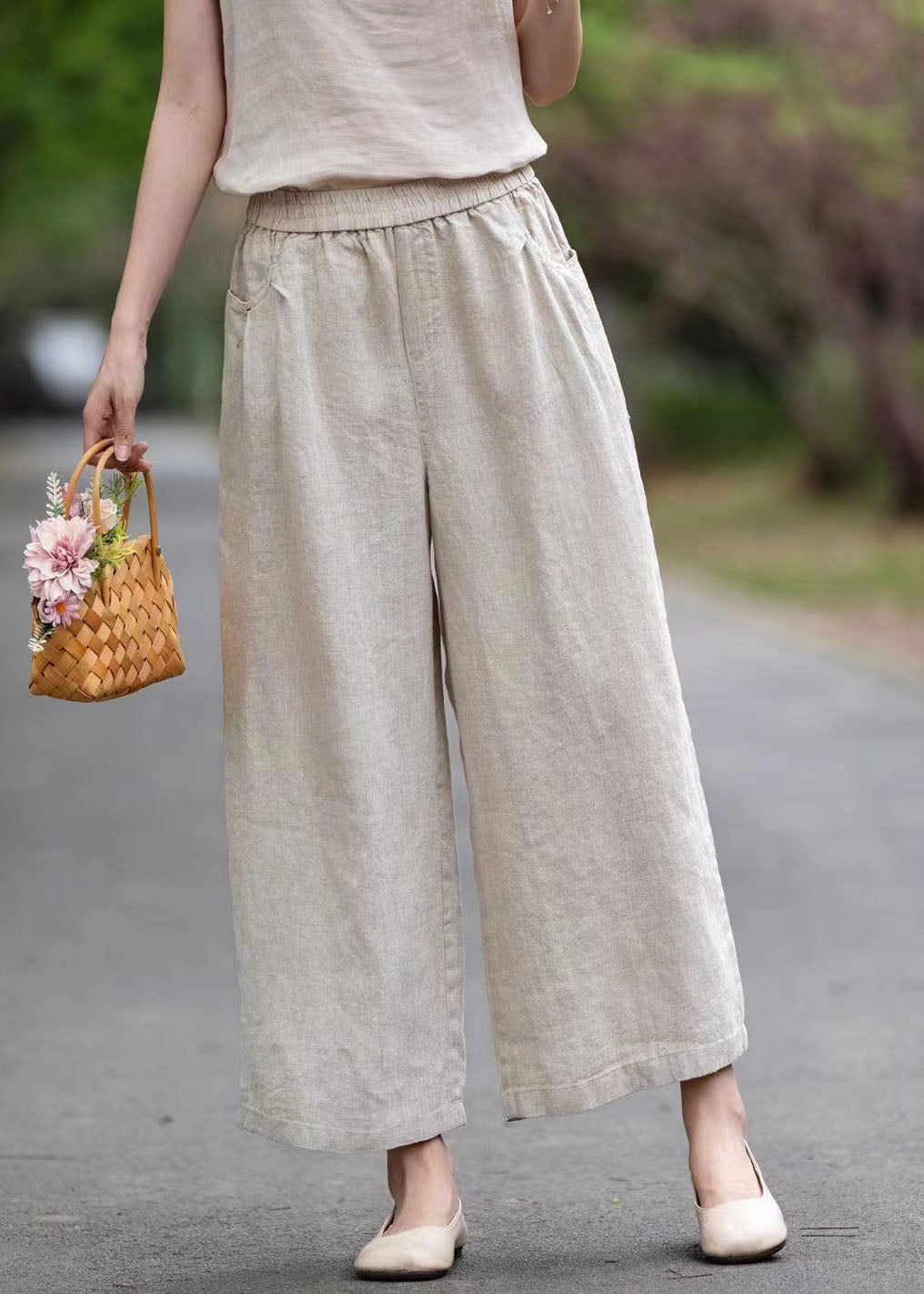 Style White Oversized Pockets Linen Wide Leg Pants Summer