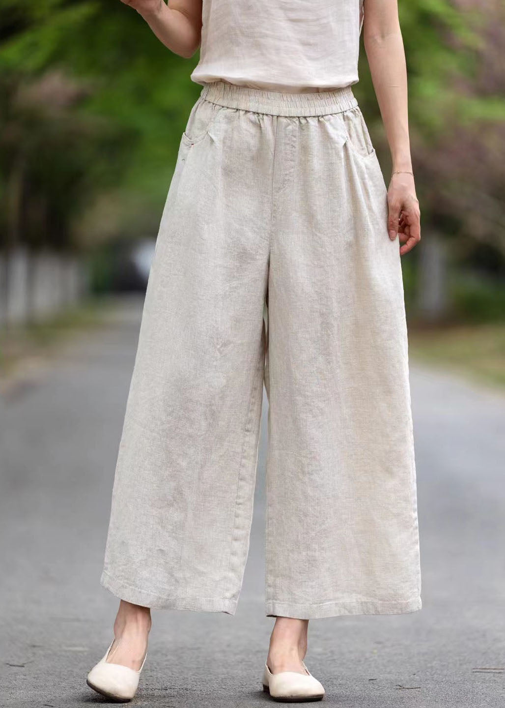Style White Oversized Pockets Linen Wide Leg Pants Summer