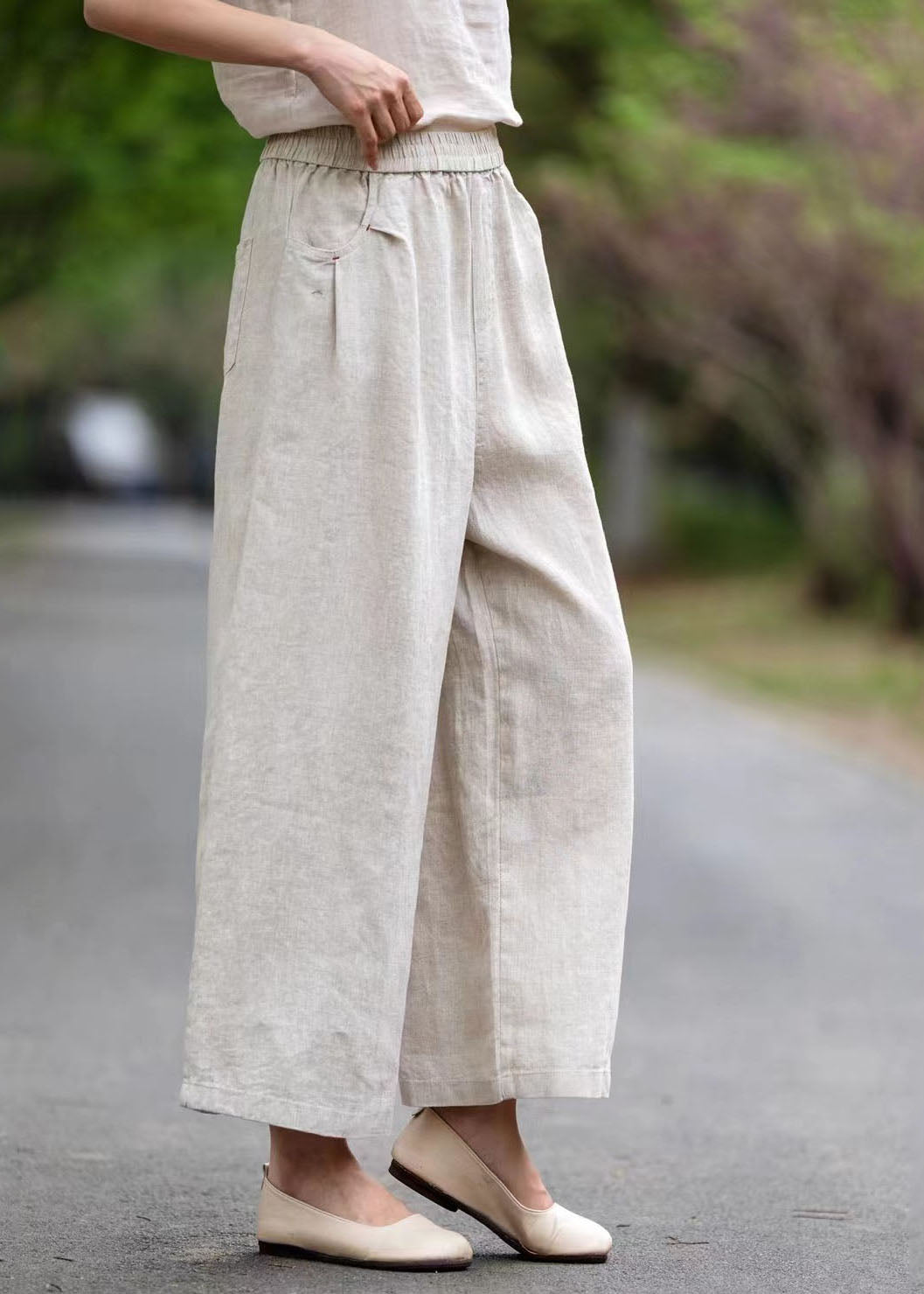 Style White Oversized Pockets Linen Wide Leg Pants Summer