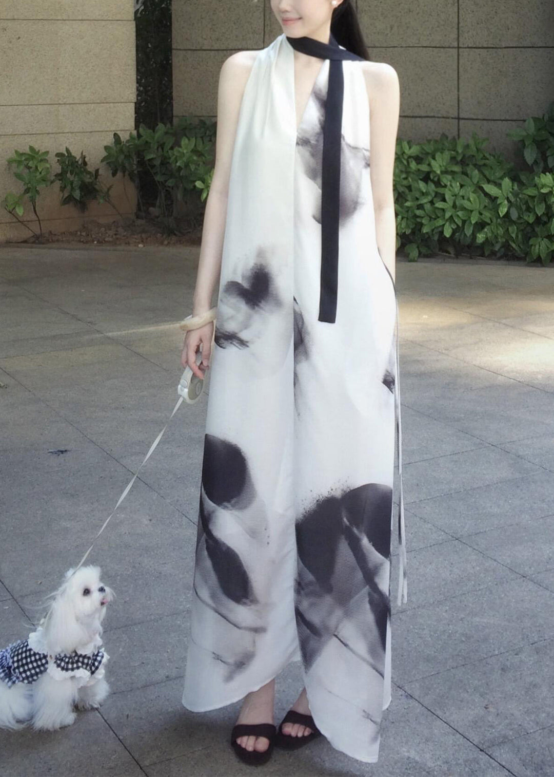 Style White Oversized Tie Dye Chiffon Halter Dress Sleeveless