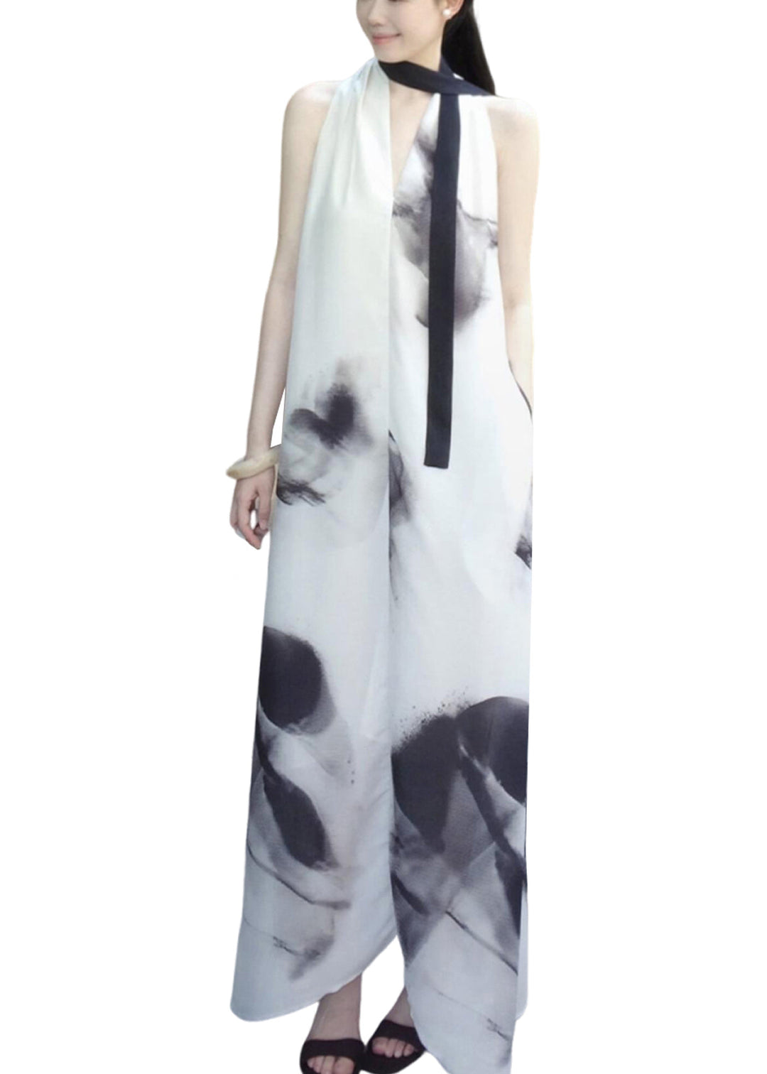 Style White Oversized Tie Dye Chiffon Halter Dress Sleeveless