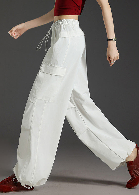 Style White Pockets Drawstring Cotton Pants Fall