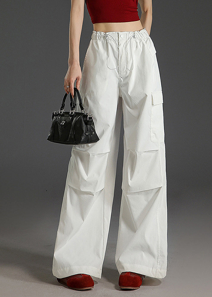 Style White Pockets Drawstring Cotton Pants Fall
