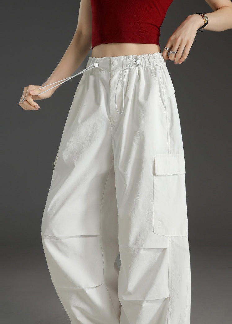 Style White Pockets Drawstring Cotton Pants Fall