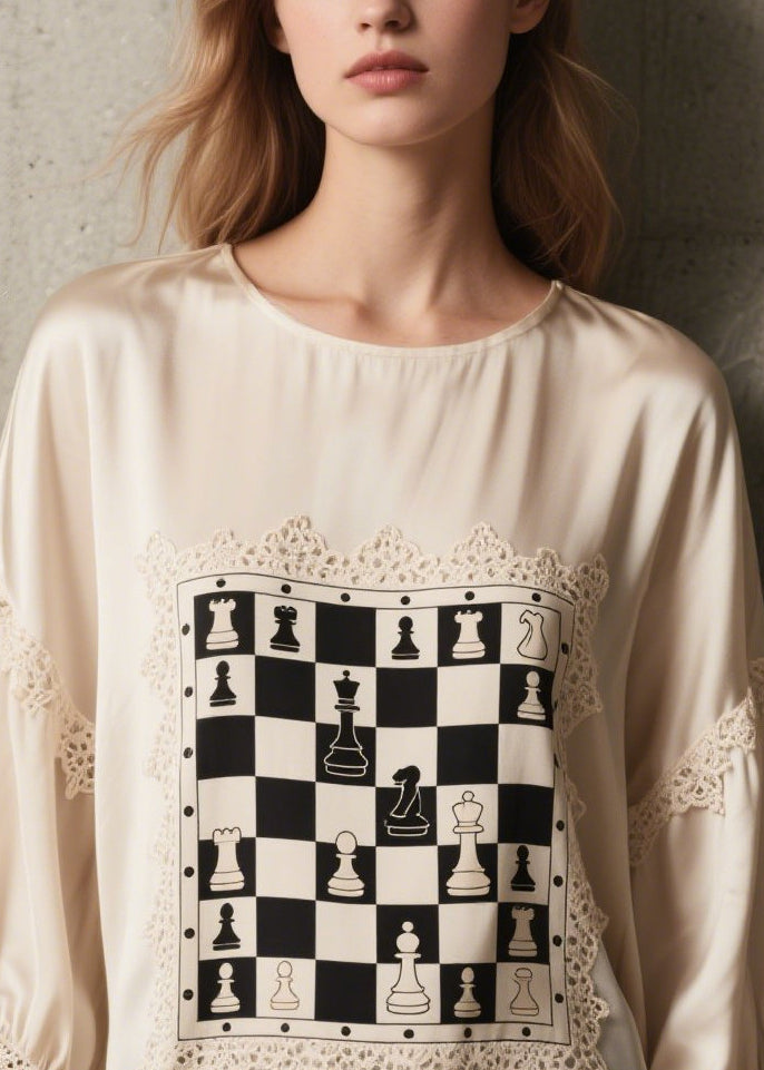 Style White Print Lace Patchwork Silk Top Bracelet Sleeve