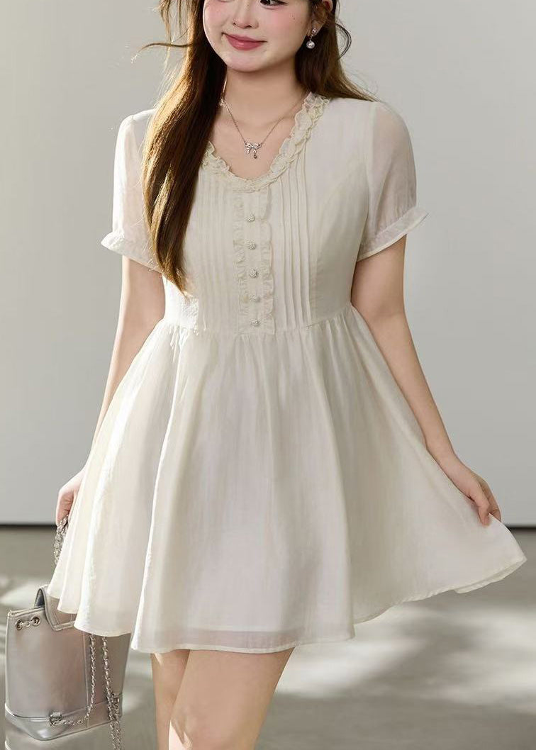 Style White Ruffled Tie Waist Silk Day Dress Summer