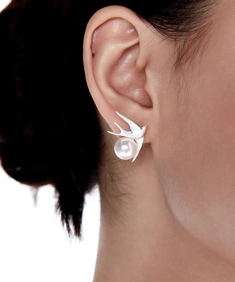 Style White Sanding Little Bird Pearl Stud Earrings