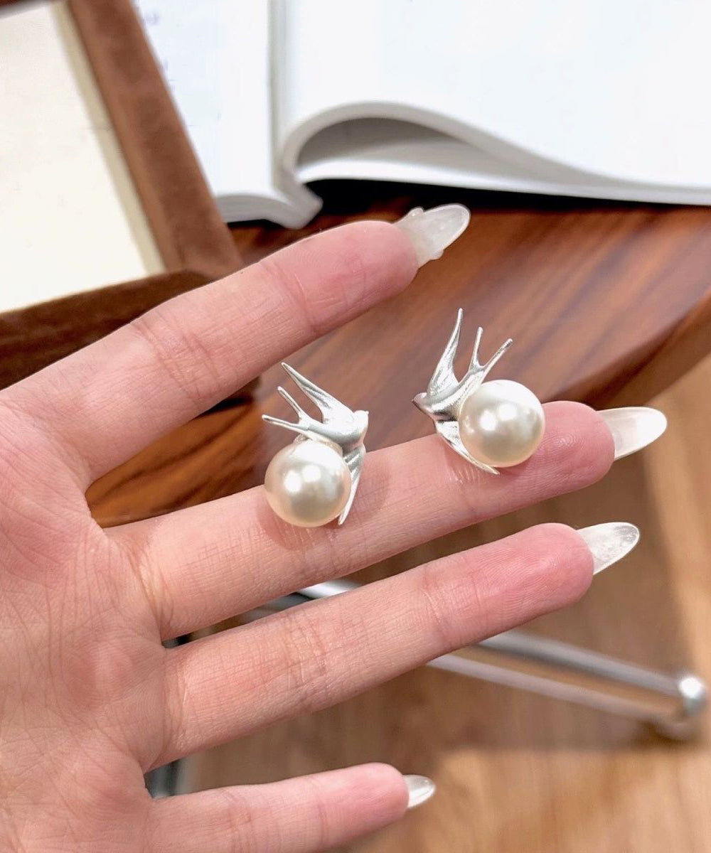 Style White Sanding Little Bird Pearl Stud Earrings