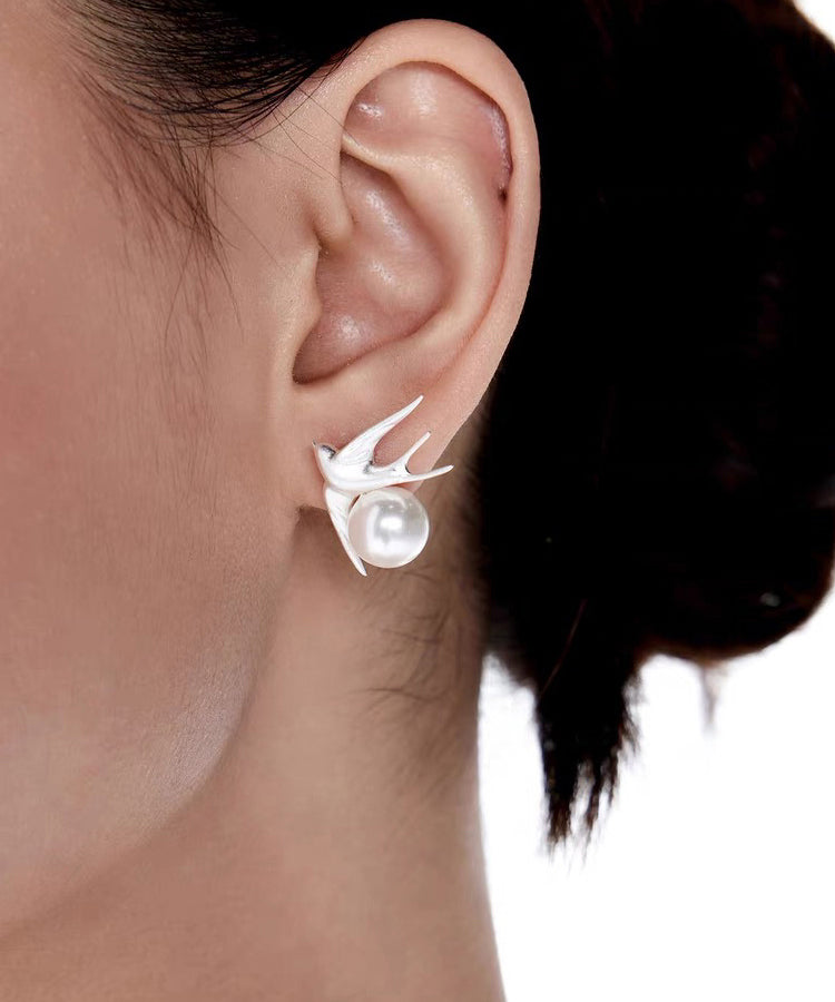 Style White Sanding Little Bird Pearl Stud Earrings