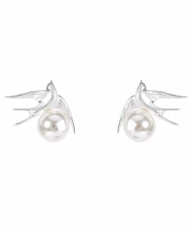 Style White Sanding Little Bird Pearl Stud Earrings