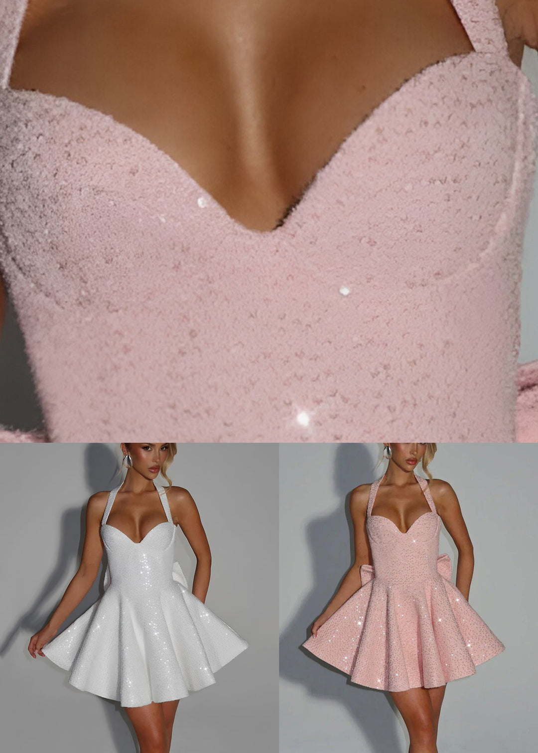 Style White Sequins Bow Mid Dress Sleeveless