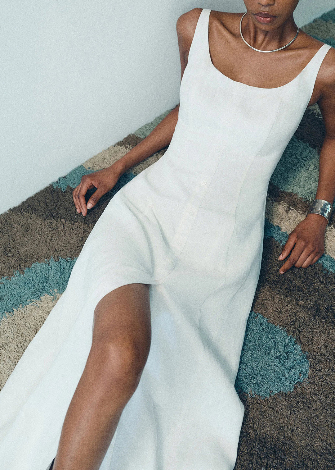 Style White Side Open Silm Fit Cotton A Line Dress Sleeveless