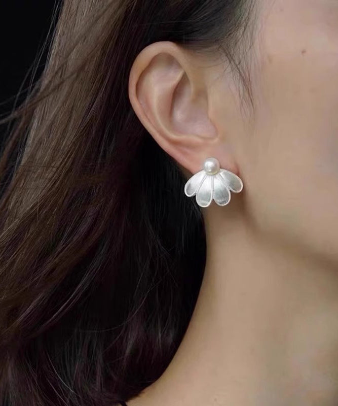 Style White Silver Sterling Pearl Petal Stud Earrings