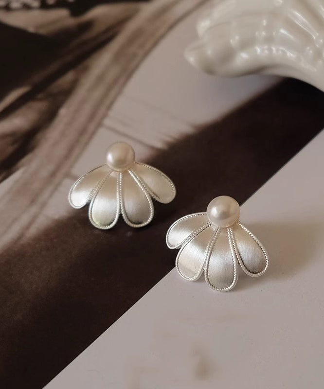 Style White Silver Sterling Pearl Petal Stud Earrings
