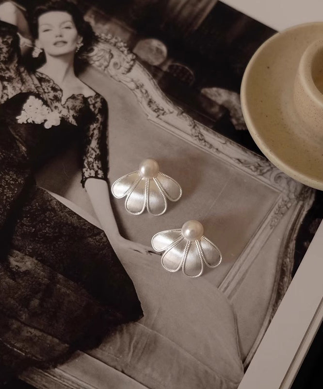 Style White Silver Sterling Pearl Petal Stud Earrings