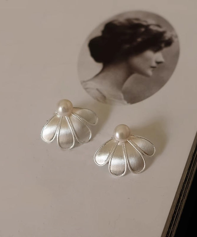 Style White Silver Sterling Pearl Petal Stud Earrings