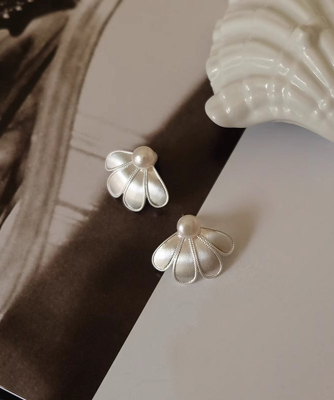 Style White Silver Sterling Pearl Petal Stud Earrings