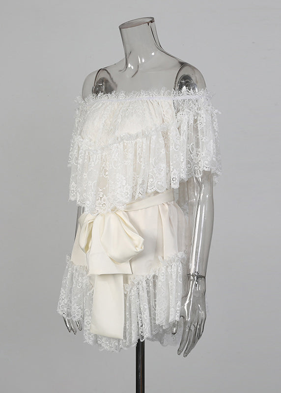 Style White Slash Neck Patchwork Lace Mini Dresses Summer