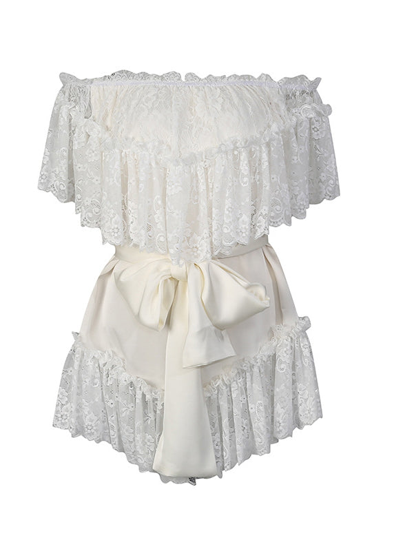 Style White Slash Neck Patchwork Lace Mini Dresses Summer