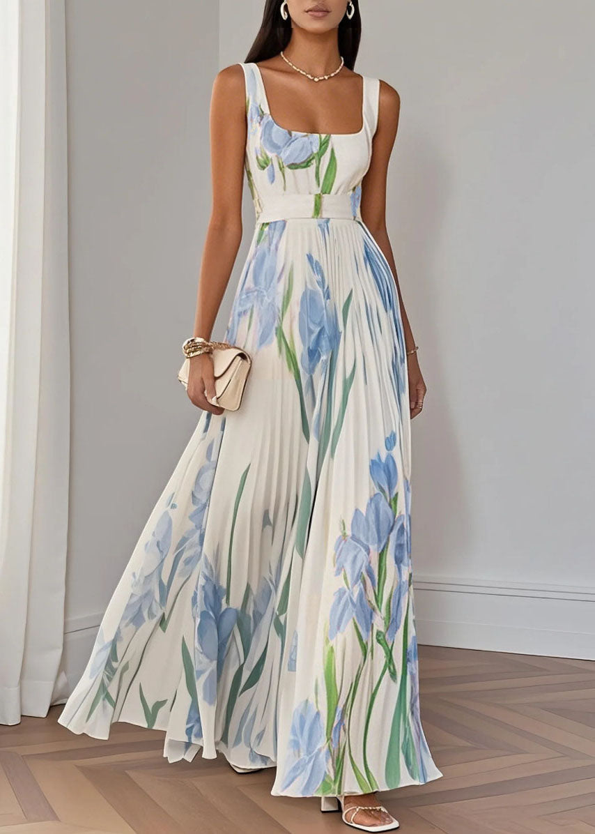 Style White Square Collar Print Patchwork Chiffon Dresses Summer