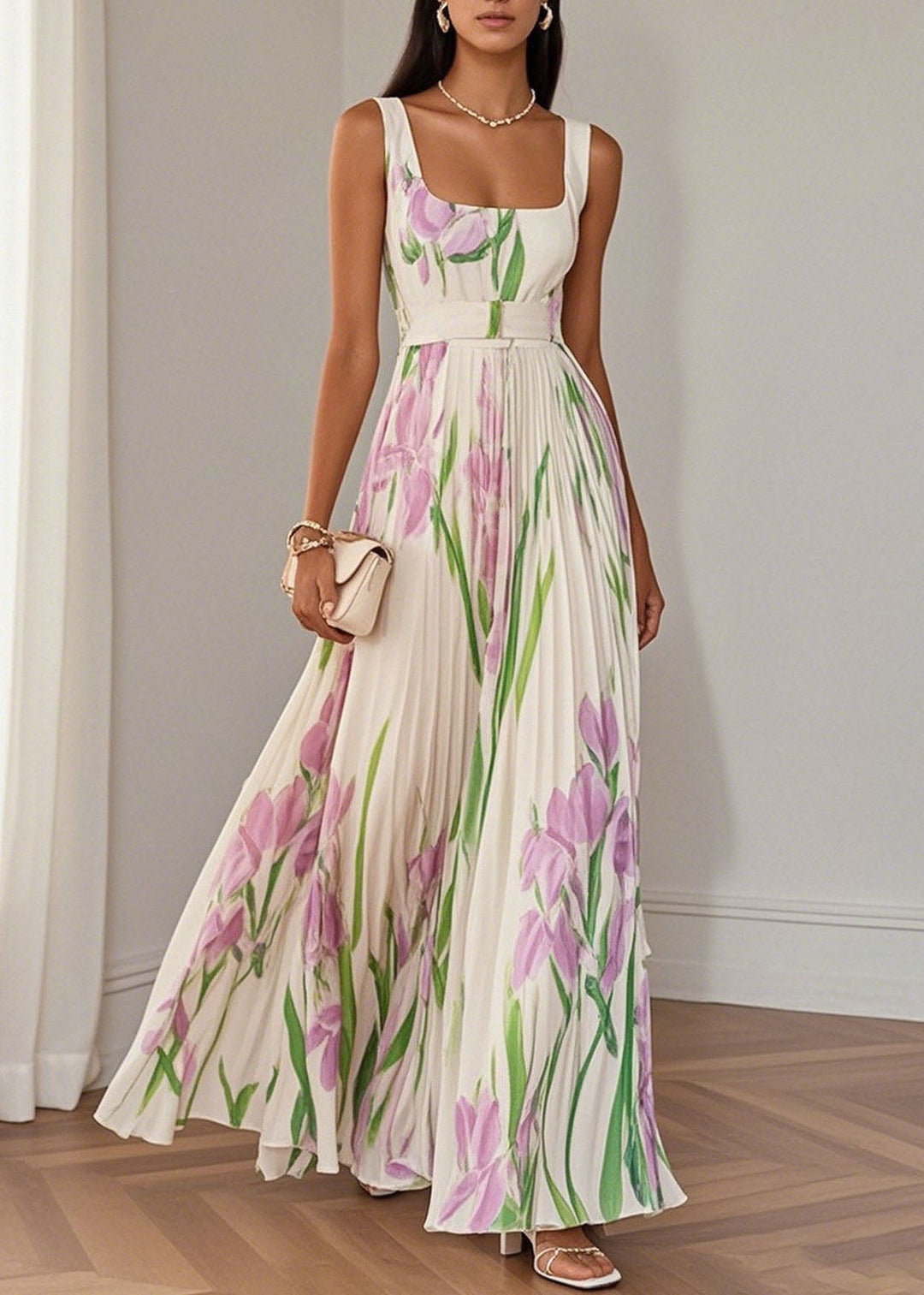 Style White Square Collar Print Patchwork Chiffon Dresses Summer