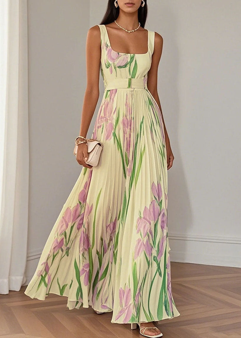 Style White Square Collar Print Patchwork Chiffon Dresses Summer