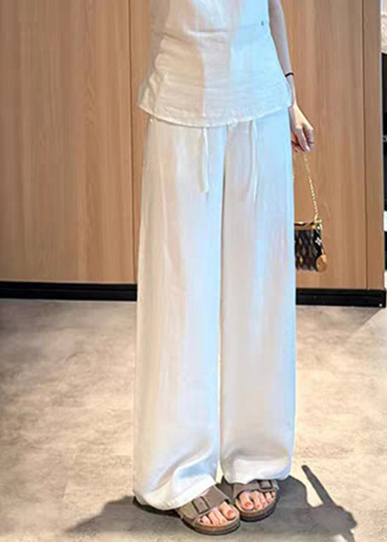 Style White Tie Waist Solid Wide Leg Pants Summer