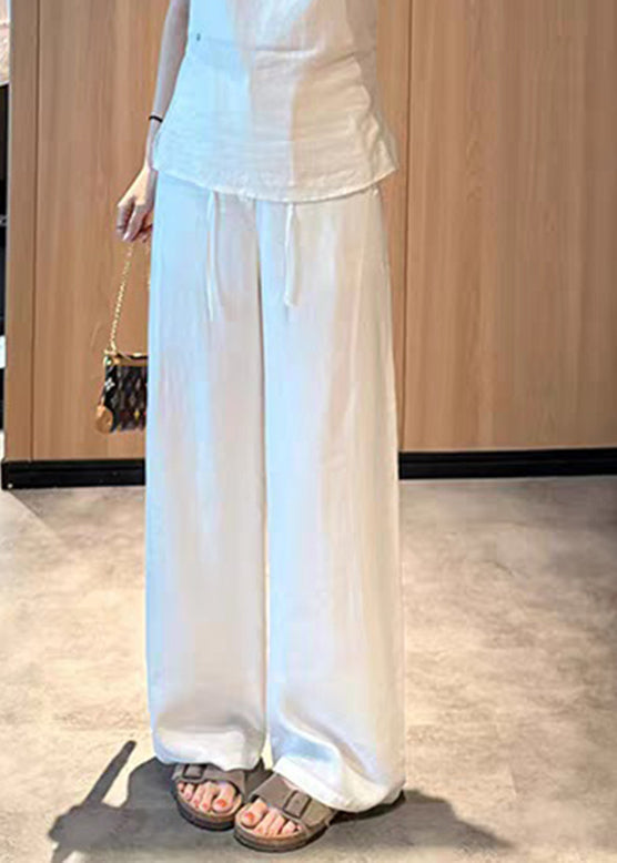 Style White Tie Waist Solid Wide Leg Pants Summer