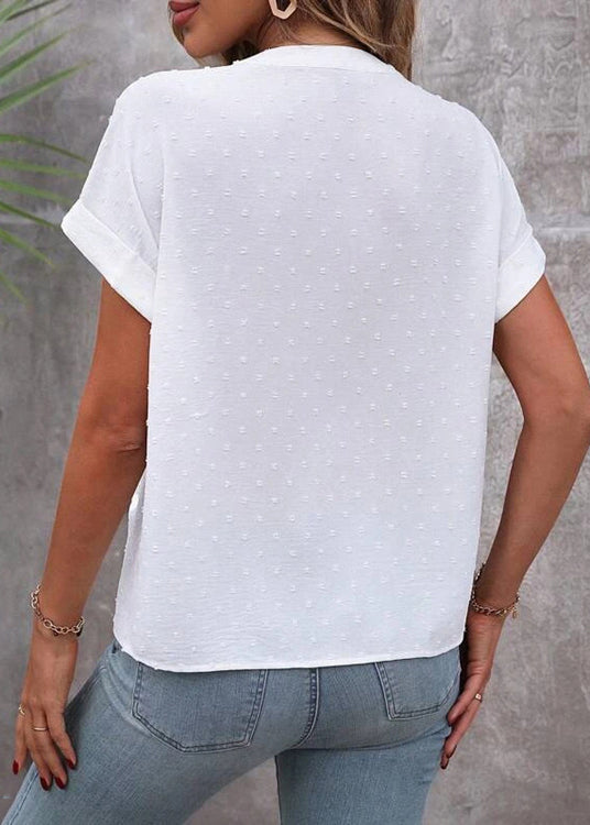 Style White V Neck Button Jacquard Cotton Tops Summer