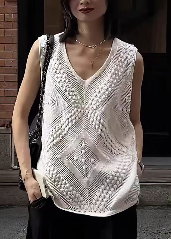 Style White V Neck Hollow Out Knit Tops Sleeveless
