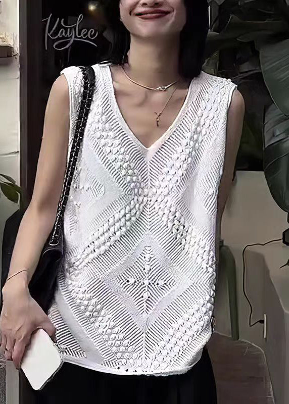 Style White V Neck Hollow Out Knit Tops Sleeveless