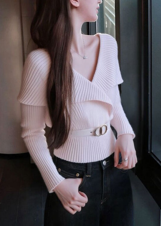 Style White V Neck Patchwork Knit Sweater Tops Fall