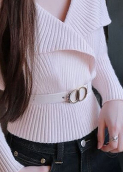 Style White V Neck Patchwork Knit Sweater Tops Fall