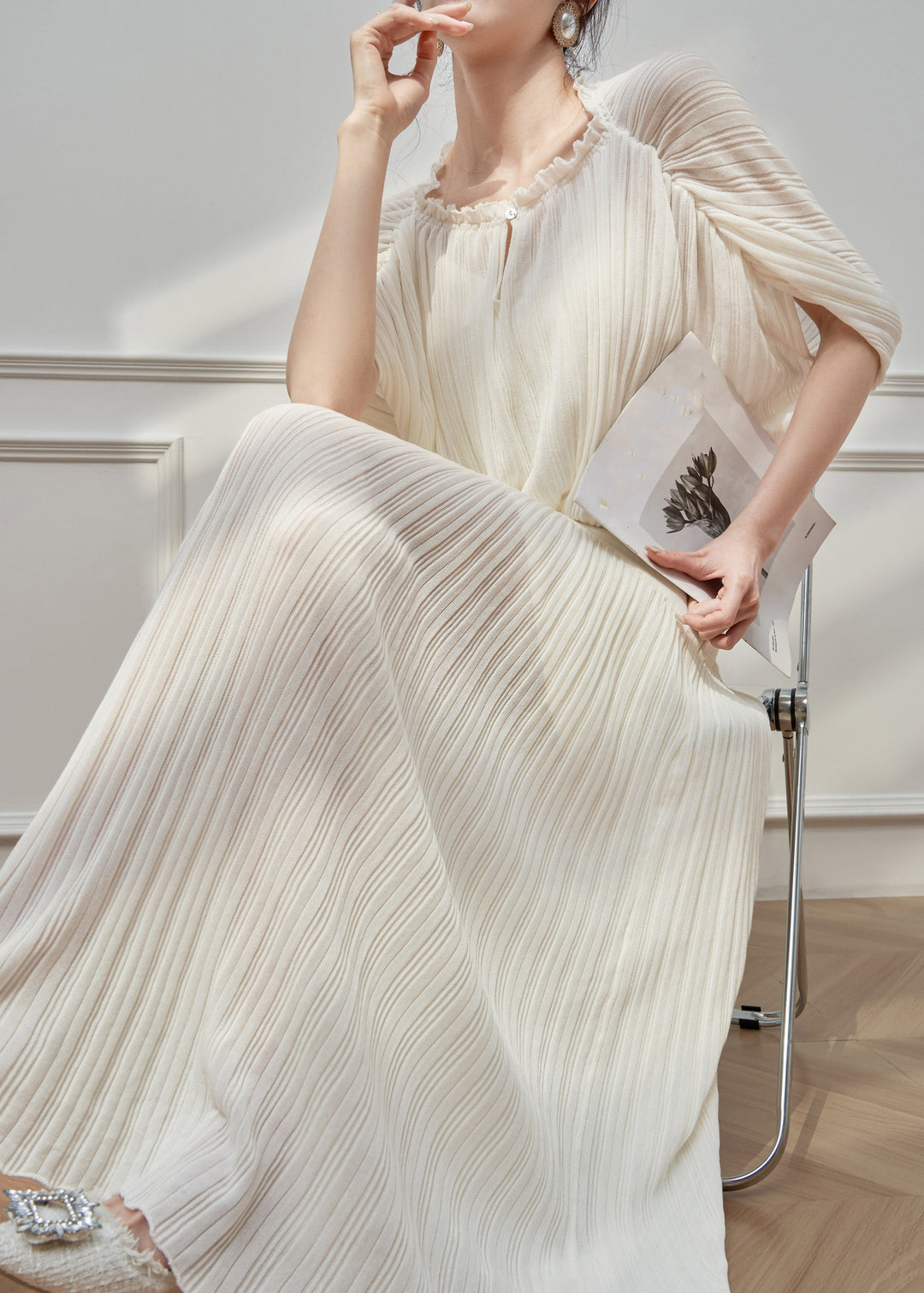 Style White Wrinkled Top And Maxi Skirts Two Pieces Set Summer