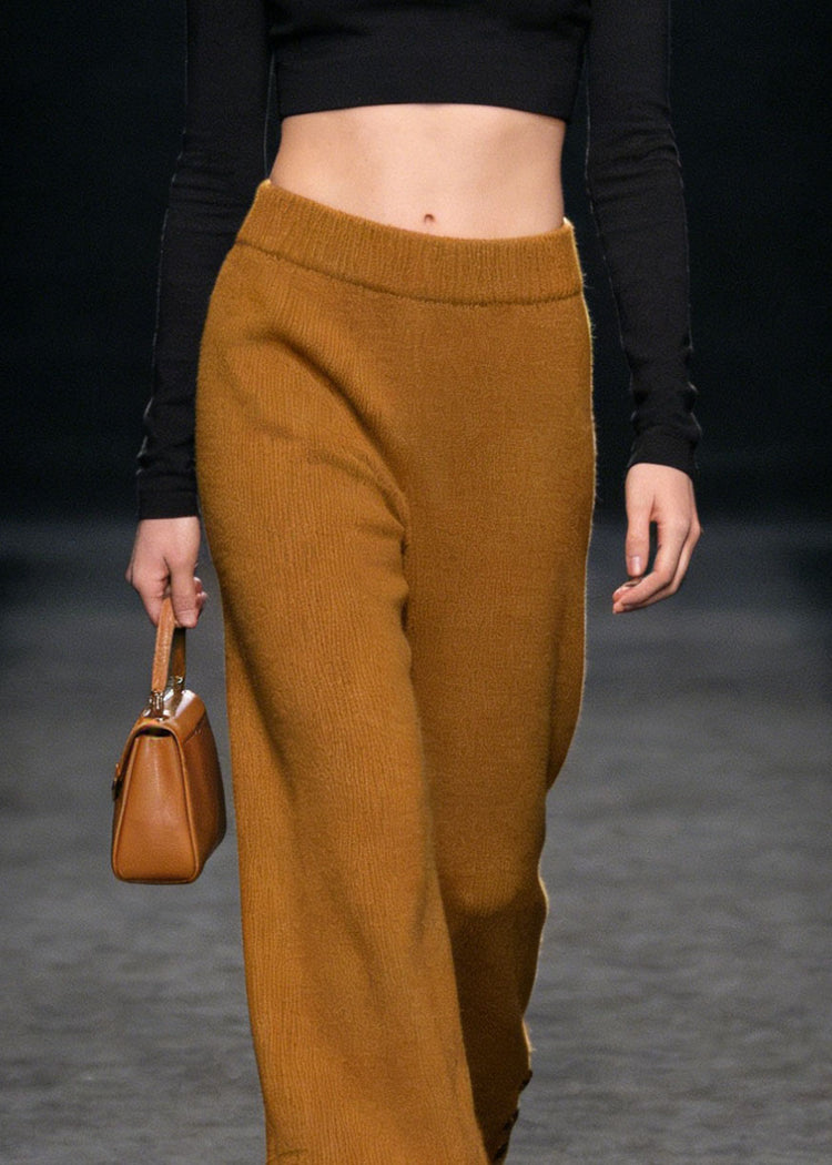 Style Yellow Button High Waist Knit Pants Spring - Omychic