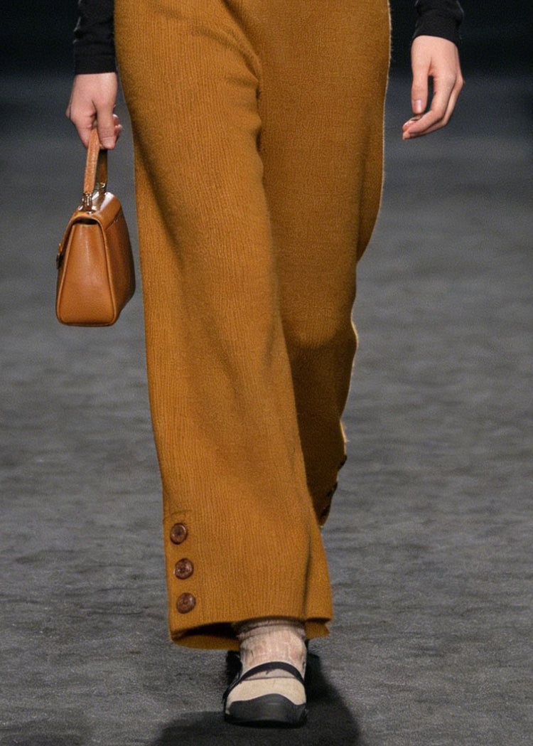 Style Yellow Button High Waist Knit Pants Spring - Omychic