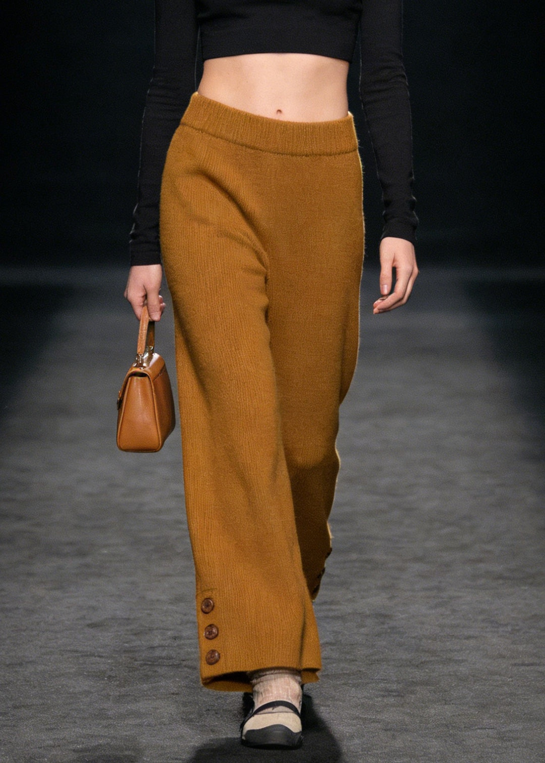 Style Yellow Button High Waist Knit Pants Spring - Omychic