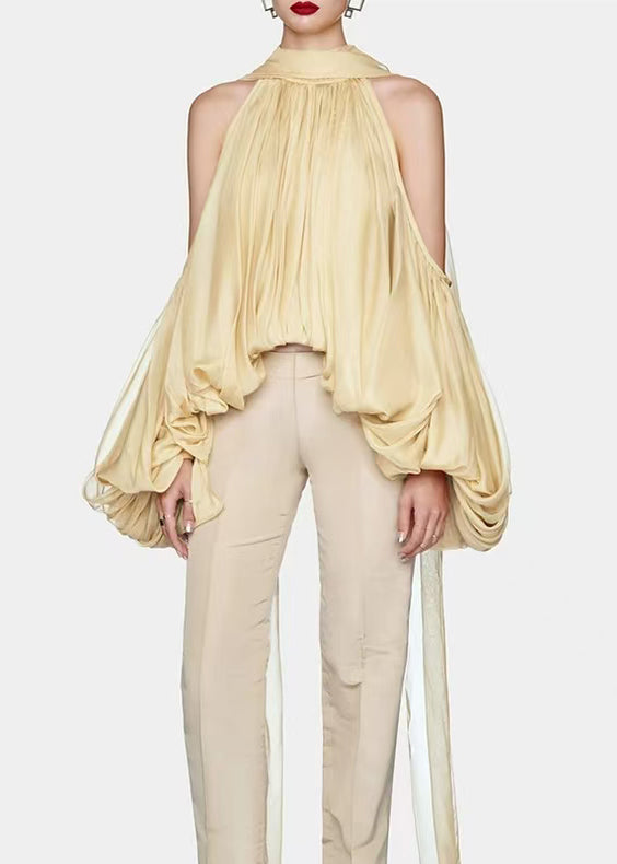 Style Yellow Cold Shoulder Wrinkled Chiffon Shirt Top Lantern Sleeve
