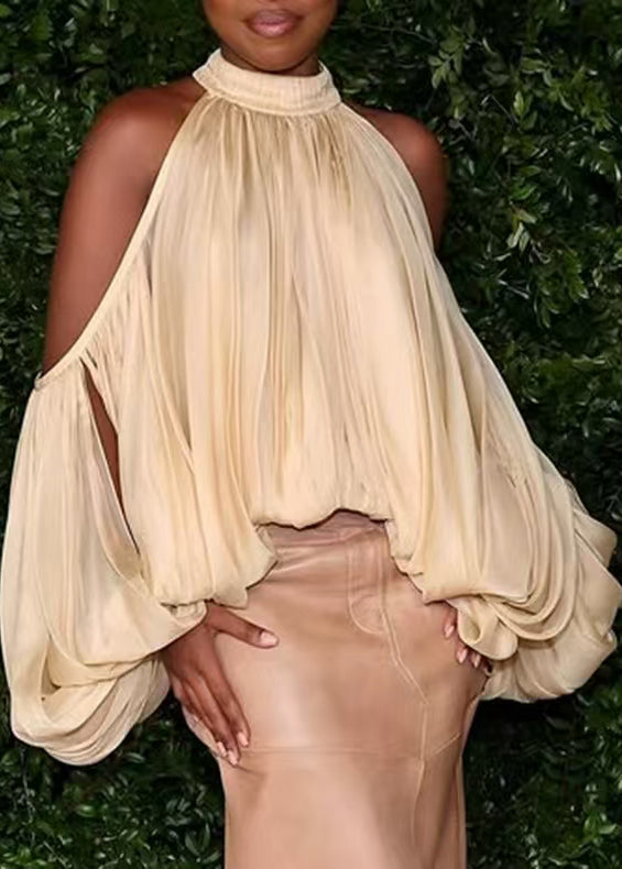 Style Yellow Cold Shoulder Wrinkled Chiffon Shirt Top Lantern Sleeve