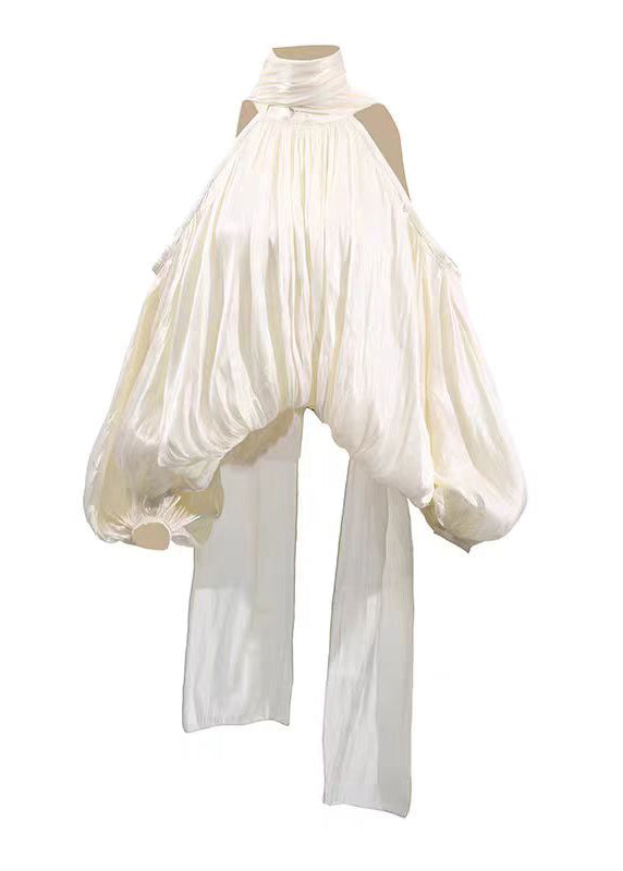 Style Yellow Cold Shoulder Wrinkled Chiffon Shirt Top Lantern Sleeve