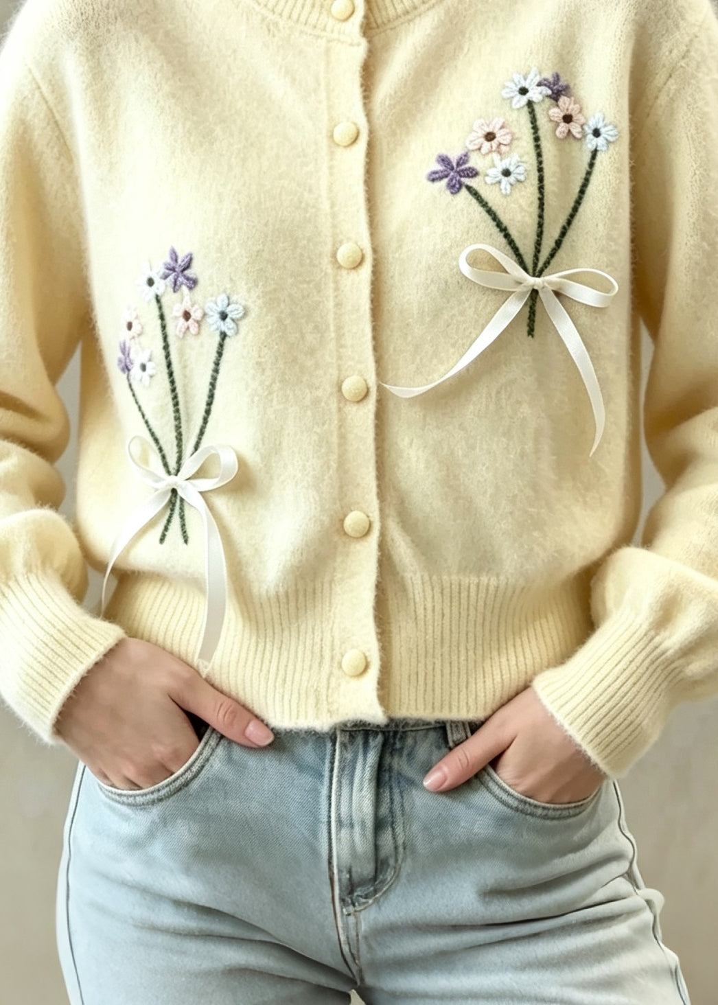 Style Yellow Embroidered Floral Bow Button Knit Coat Fall