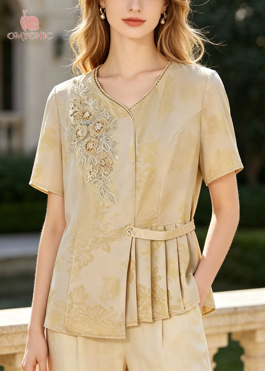 Style Yellow Embroidered Wrinkled Silk Top Summer