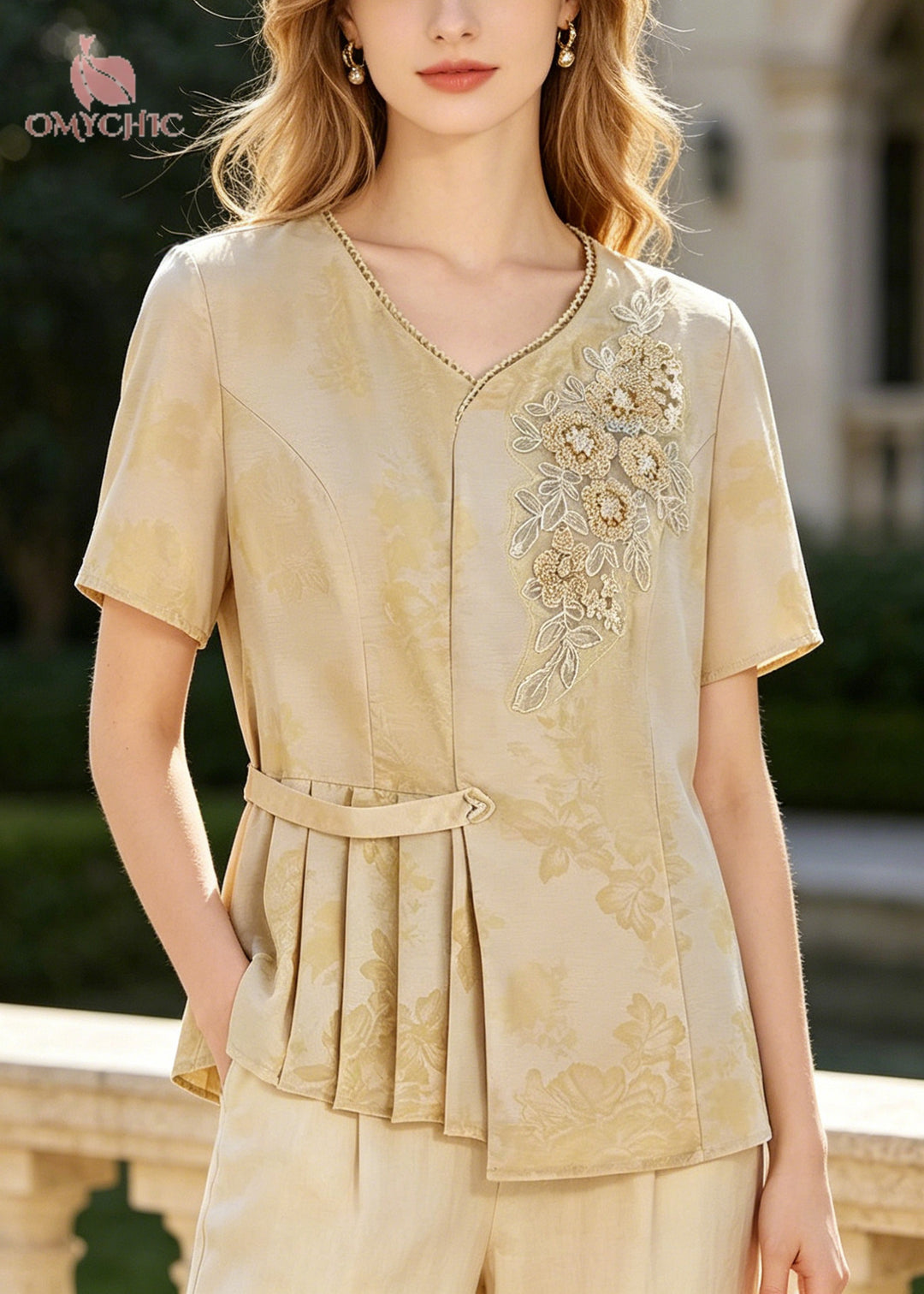 Style Yellow Embroidered Wrinkled Silk Top Summer