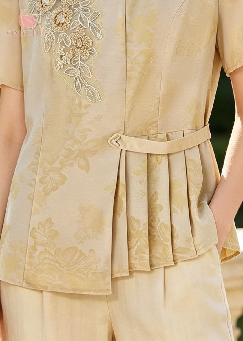Style Yellow Embroidered Wrinkled Silk Top Summer