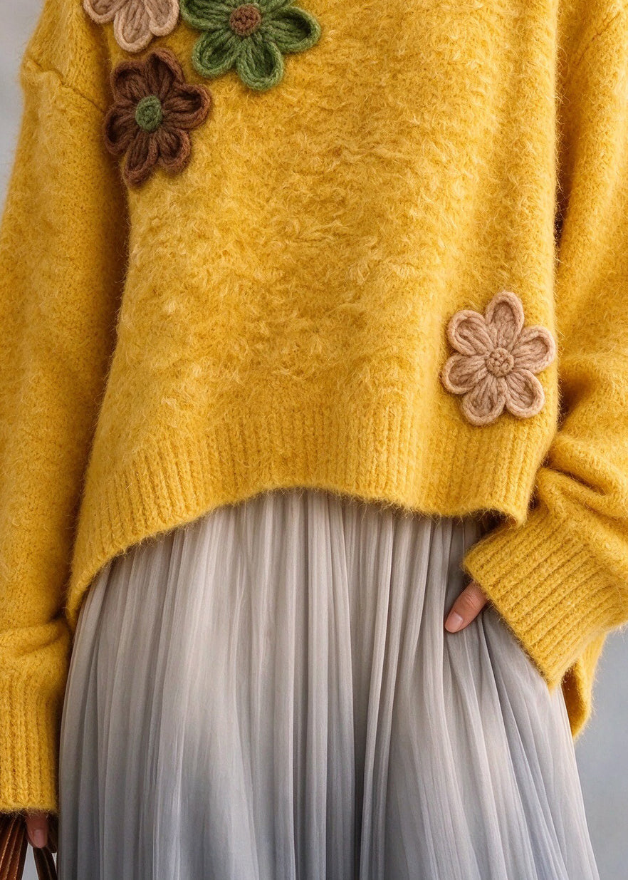 Style Yellow O Neck Floral Thick Knit Sweaters Top Fall