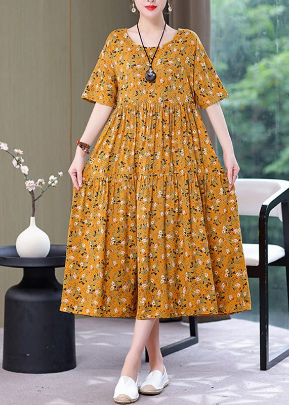 Style Yellow O-Neck Print Wrinkled Long Dress Summer