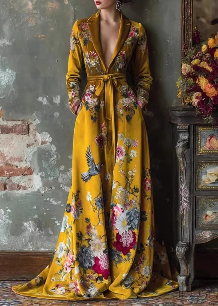 Style Yellow Peter Pan Collar Print Patchwork Tie Waist Velvet Dress Fall