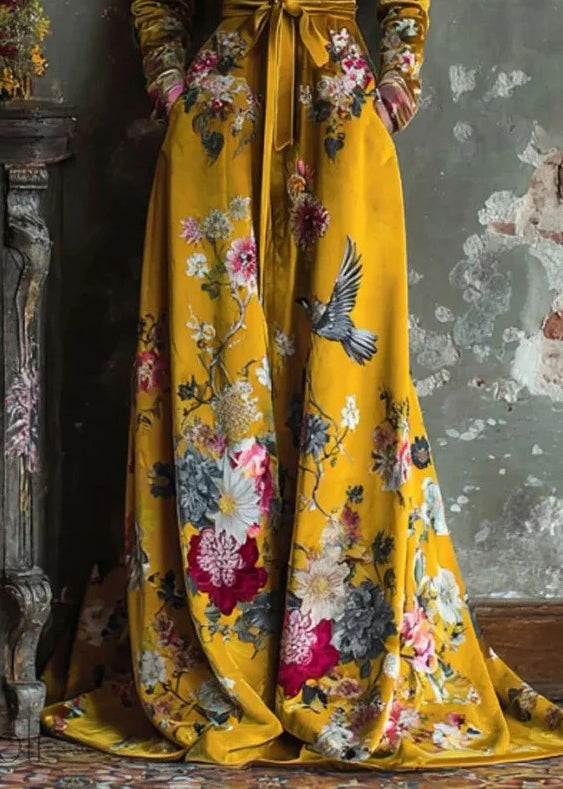 Style Yellow Peter Pan Collar Print Patchwork Tie Waist Velvet Dress Fall