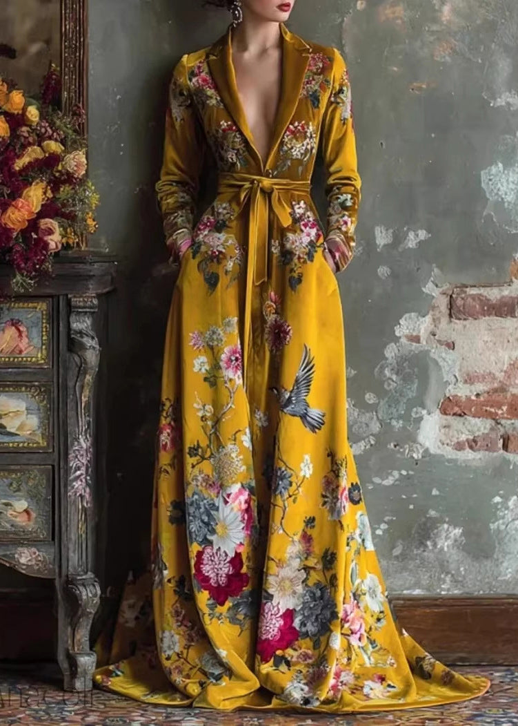 Style Yellow Peter Pan Collar Print Patchwork Tie Waist Velvet Dress Fall