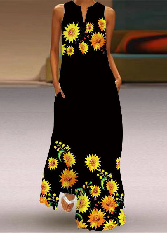 Style Yellow Print Pockets Maxi Dress Summer